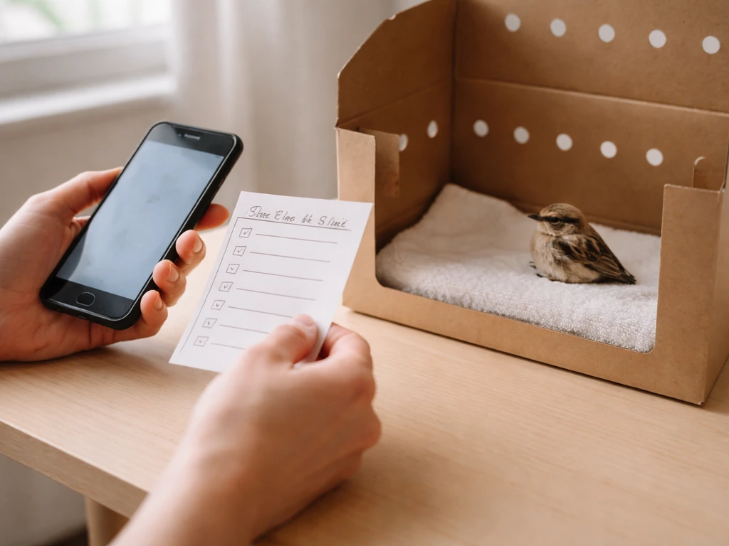 Hands holding a phone and blank checklist near a small bird resting in a transport box.