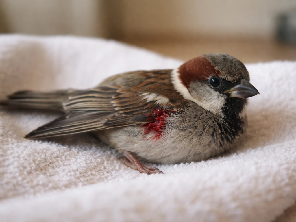 Close-up of an injured small bird on a clean towel, with visible wound and deformed wing needing urgent vet care.