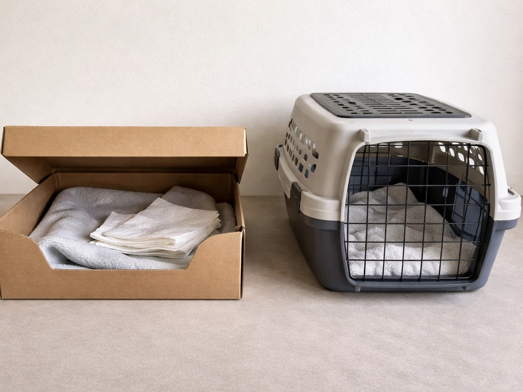 Side-by-side view of a lined cardboard shoebox and a lined pet carrier for transporting a bird.
