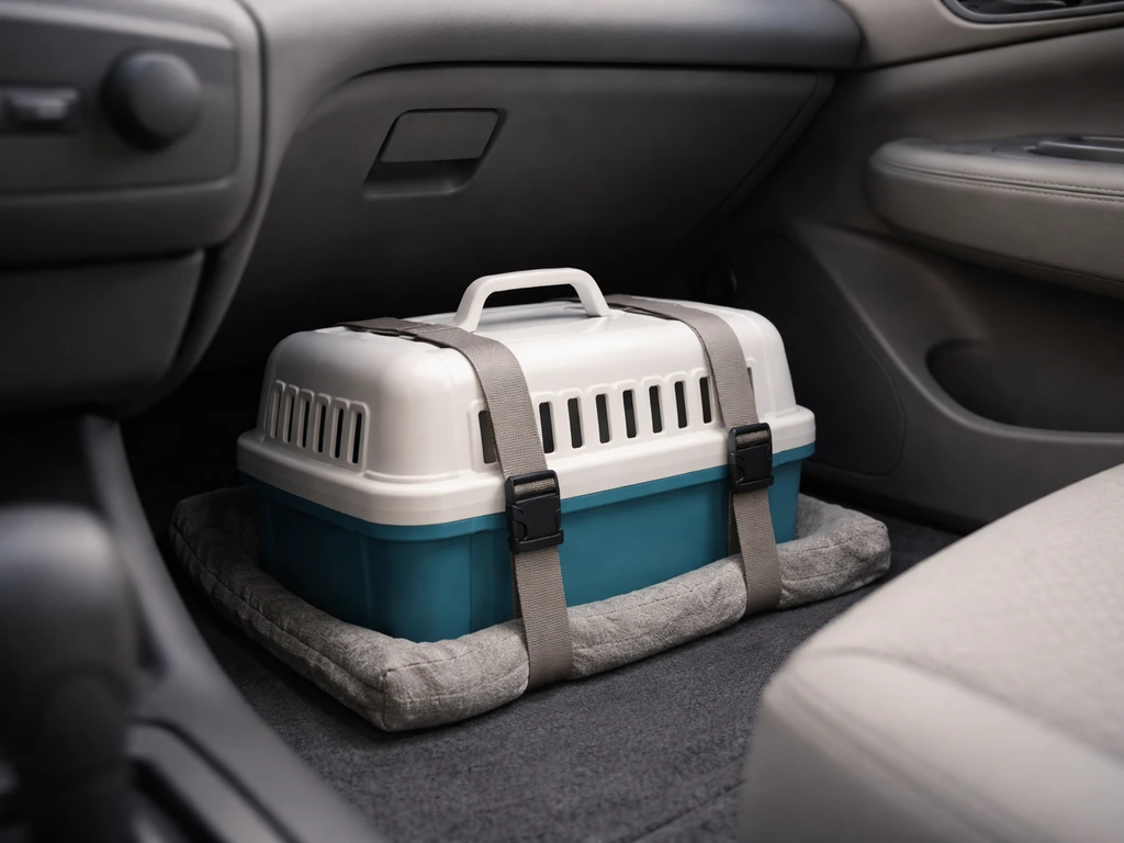 Closed bird transport box wedged on the passenger seat floor inside a car, radio off/low, no opening.
