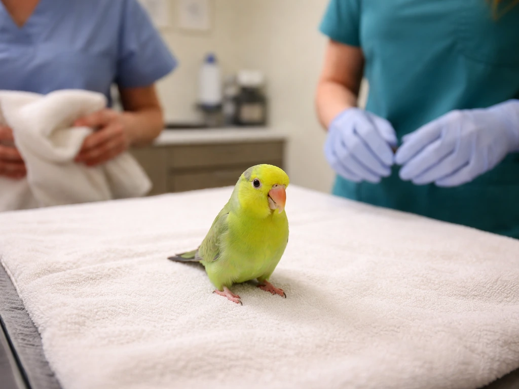 Small bird on a clinician’s exam surface while a vet prepares to assess it
