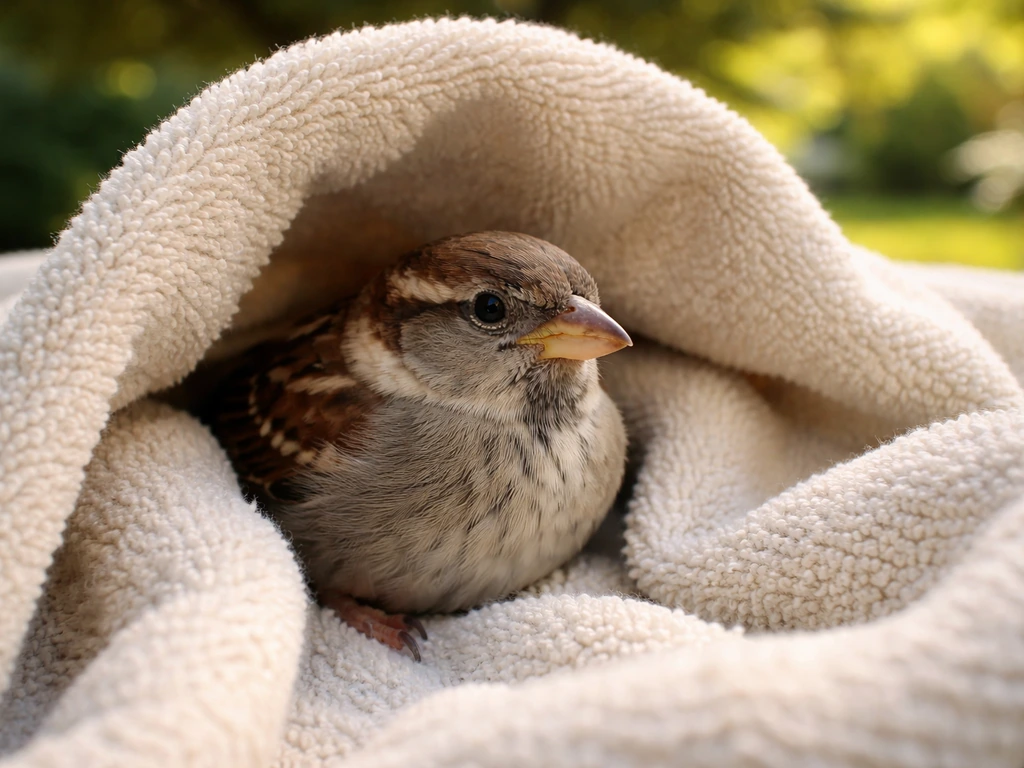 Small bird resting in a shaded towel in a quiet outdoor recovery setup on a warm day.