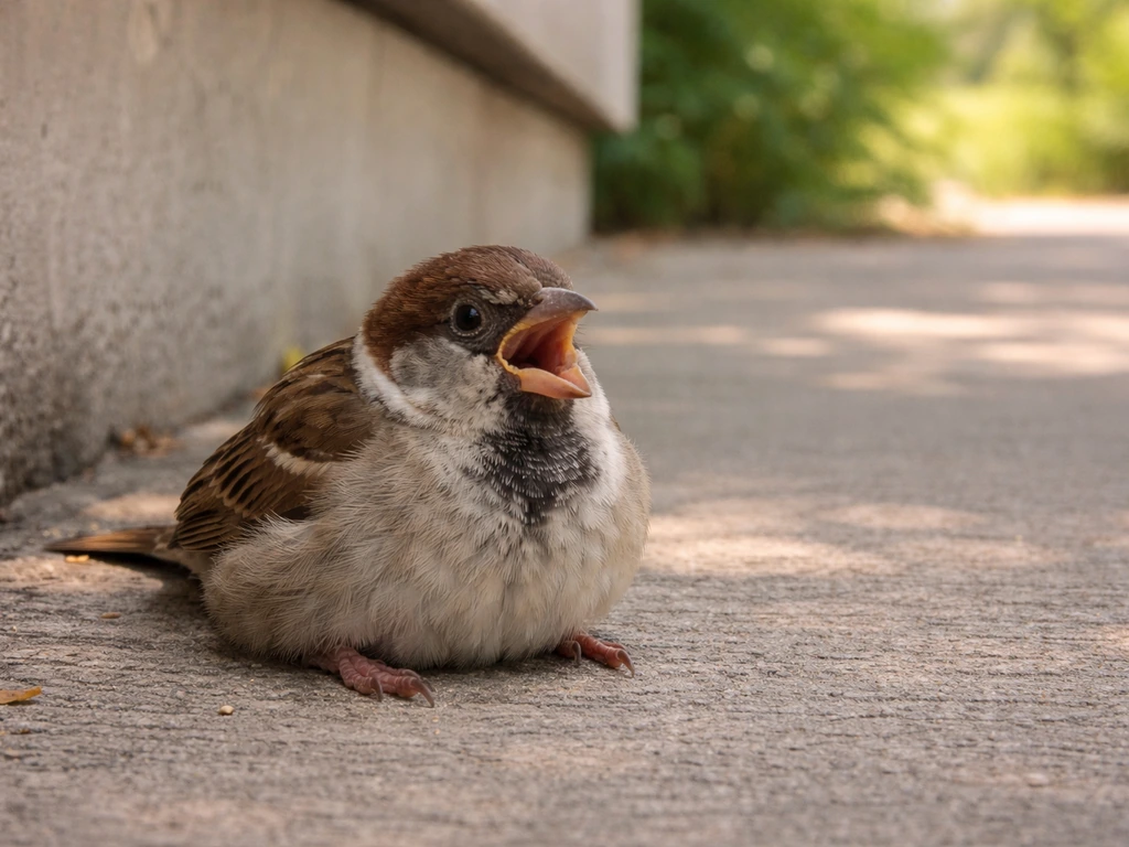 A small bird panting with its mouth open while resting on a shaded sidewalk.