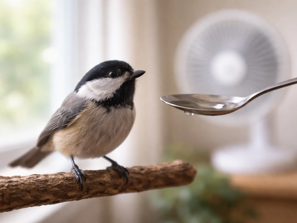 Small songbird upright and alert as water is gently offered from a spoon near a distant fan.