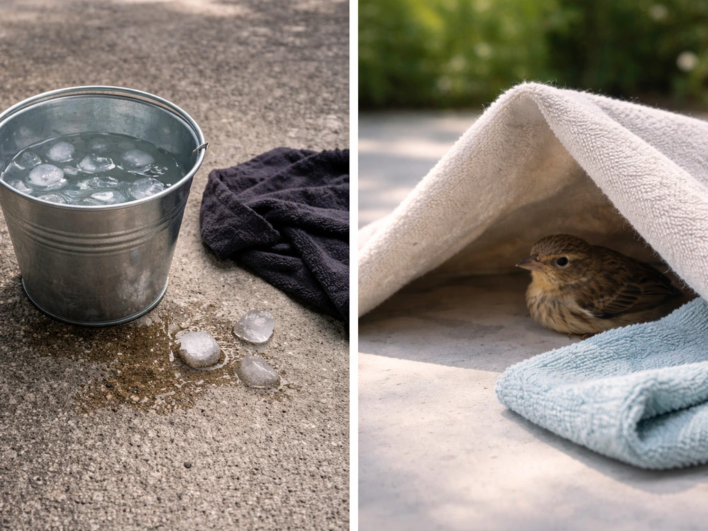 Two-panel style scene: discarded ice-cold dunk bucket and a gentle shade-and-cool-cloth rescue setup for a small bird