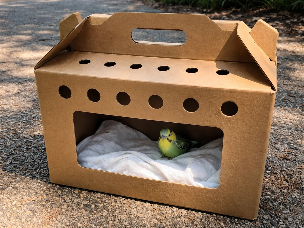 Ventilated cardboard box lined with clean cloth holding a small bird in shade