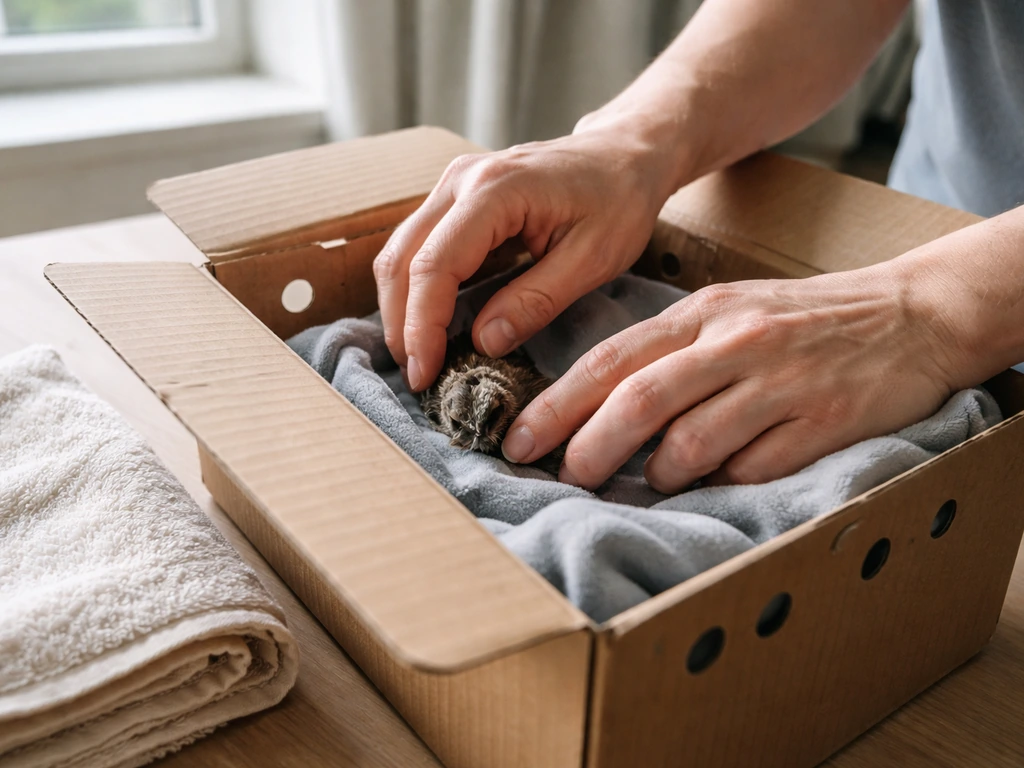 Calm person checking an injured bird in a carrier with a towel nearby, ready to assess safety