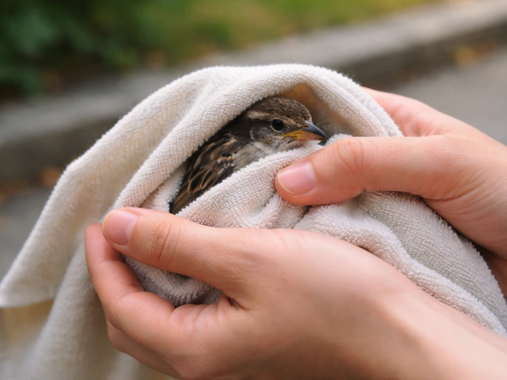 Hands cup an injured bird through a towel, draped gently to support without squeezing.