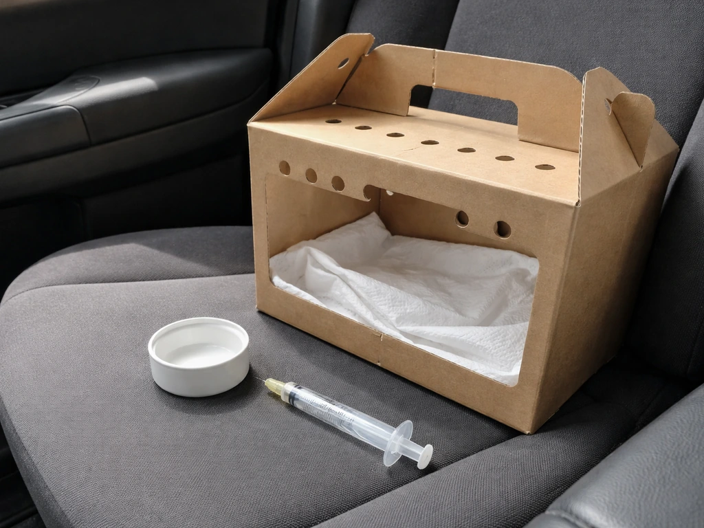 Empty water dish and unused syringe on a simple pet carrier setup for transporting a small bird