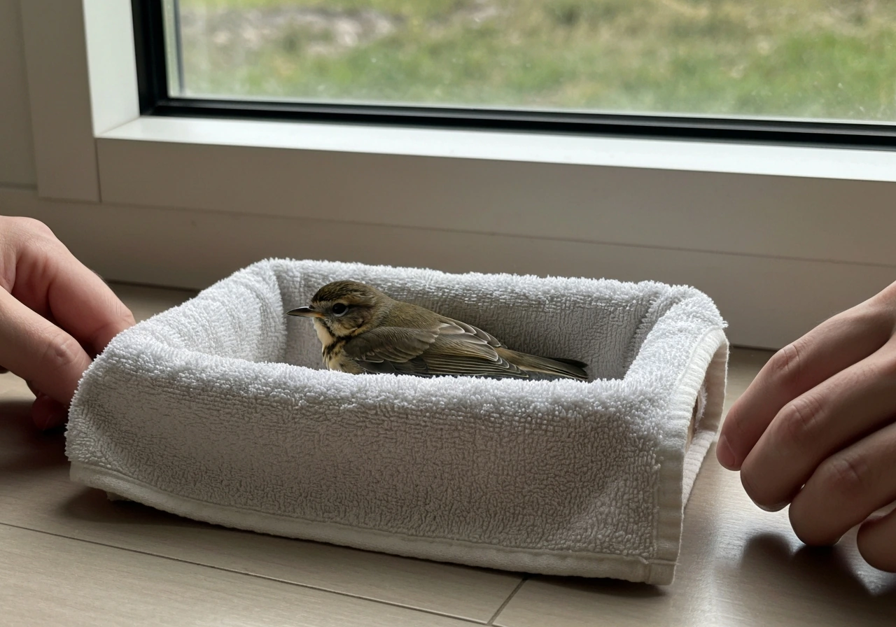 Small grounded bird with wings folded, safely contained in a cloth-lined box near a window.