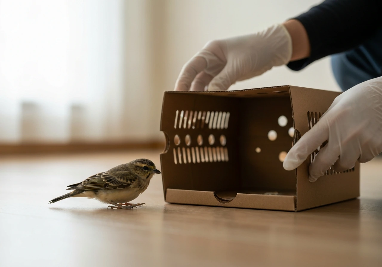 Close-up of gloved hands guiding a small grounded bird into a ventilated cardboard box, lid being closed.