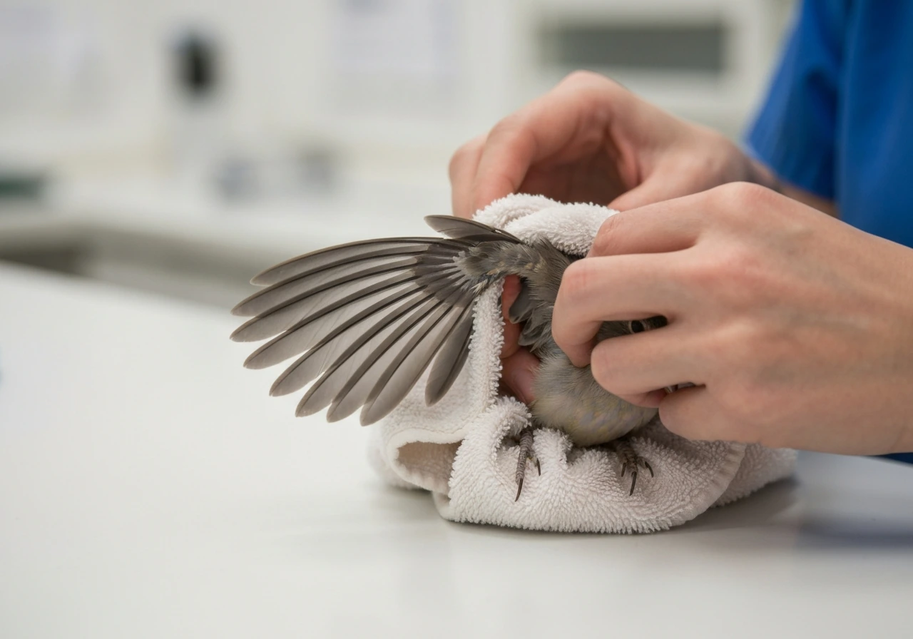 Close-up of a small bird gently wrapped in a towel, one wing drooping, veterinary-style setting.