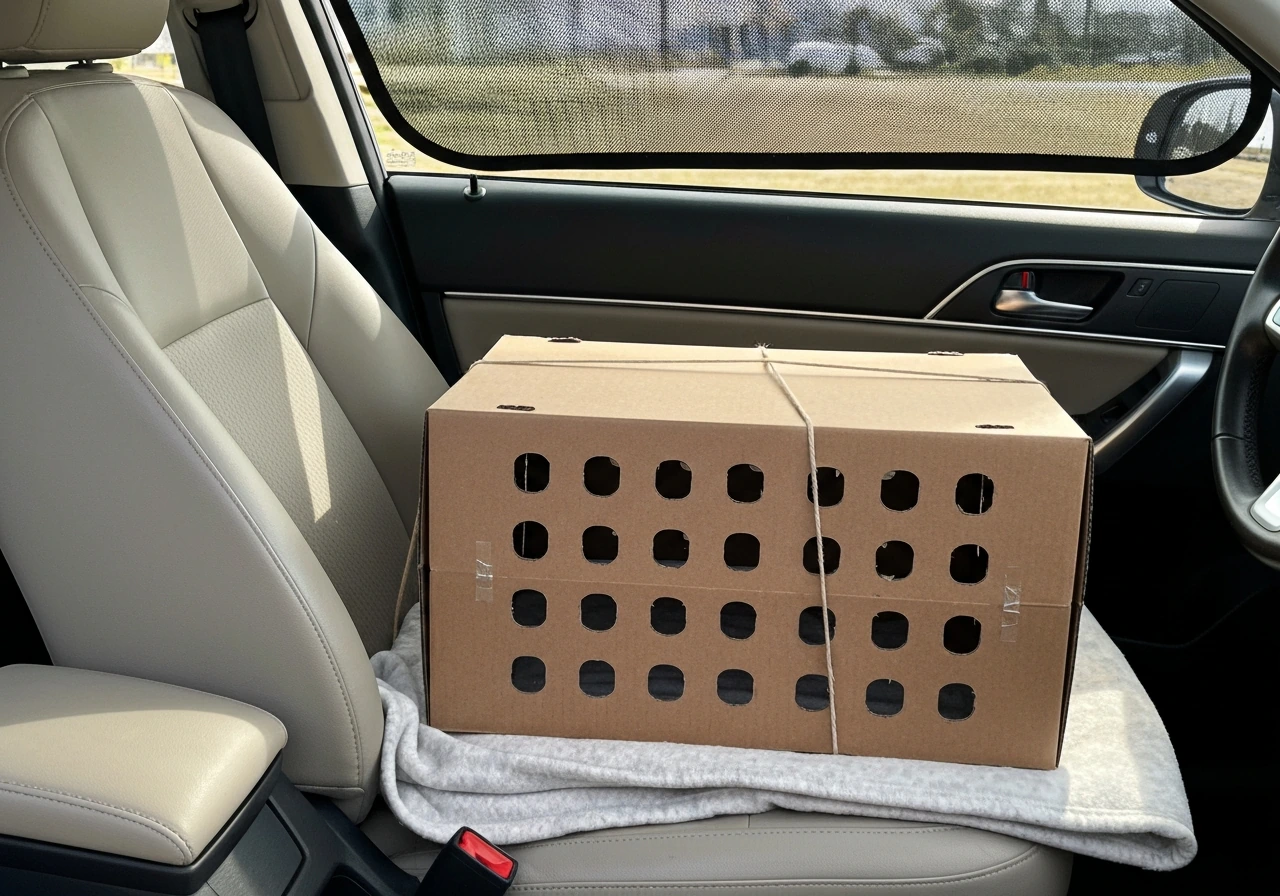 Ventilated cardboard transport box secured in a car, kept out of direct sun for safe travel.