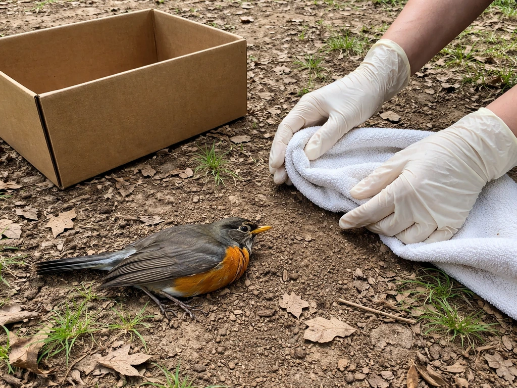 Caretaker in gloves gently approaches a fallen wild bird on the ground with a towel nearby