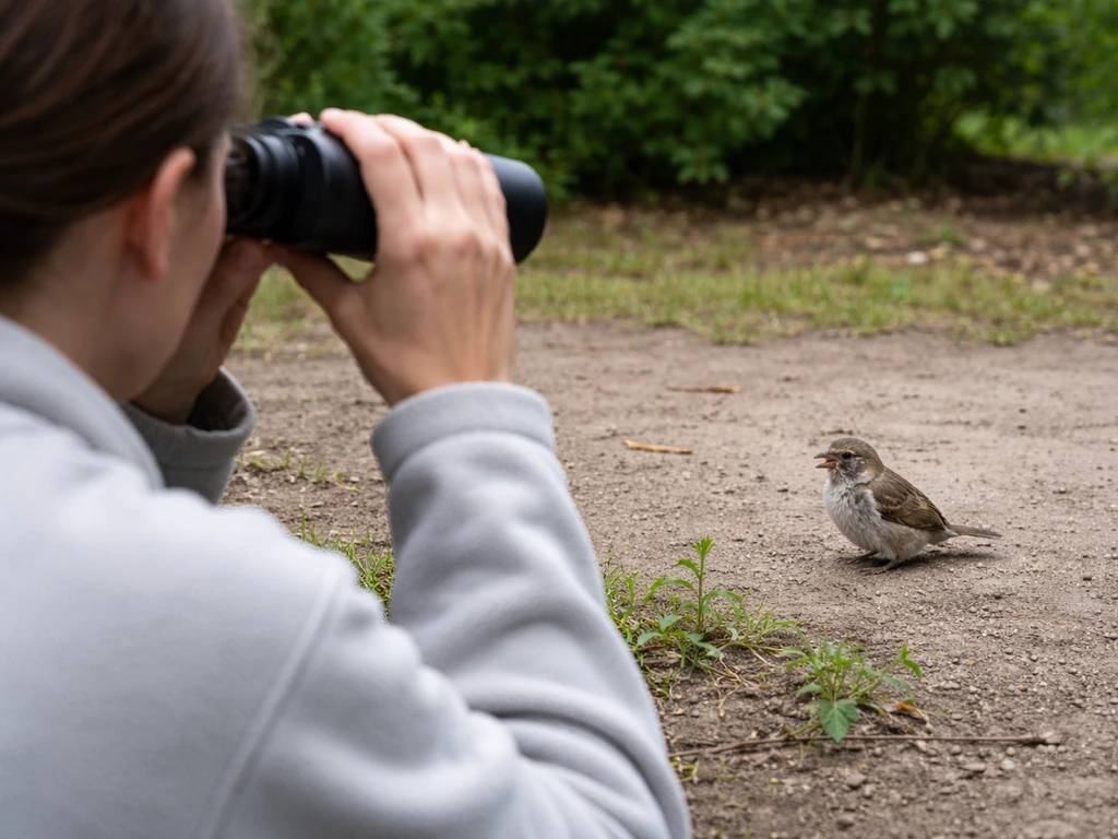 Anonymous caregiver uses binoculars to observe a small bird at a safe distance in a quiet yard.