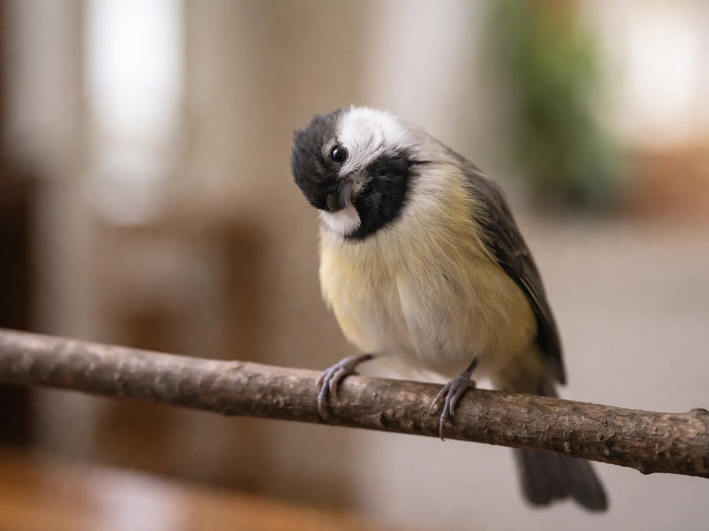Side view of a small bird perched with its neck twisted and head tilted unnaturally.