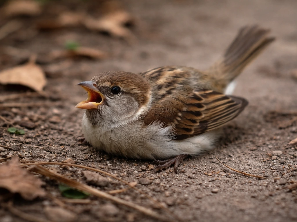Close-up of a fallen bird with visible breathing effort, beak slightly open, tail bobbing in natural light