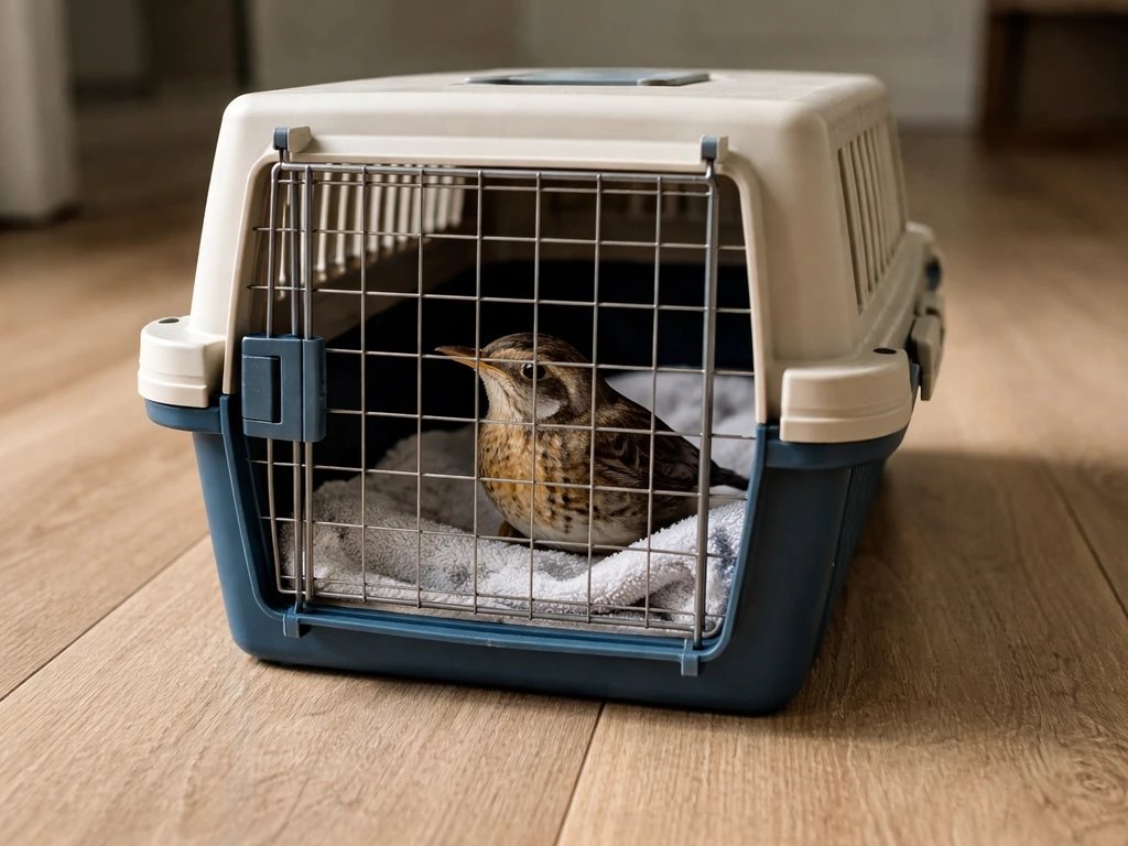 Flat-bottomed ventilated carrier lined with soft cloth, bird stabilized for transport.