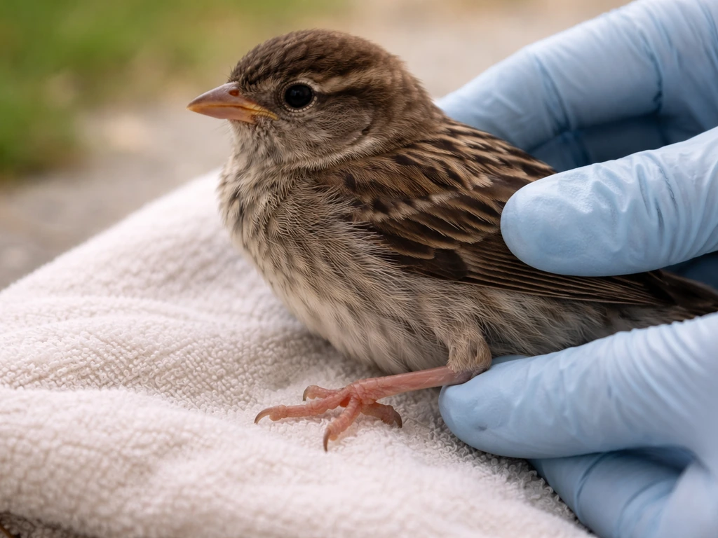 Close-up of a small wild bird gently supported on a towel while its lower leg is carefully checked for injury.