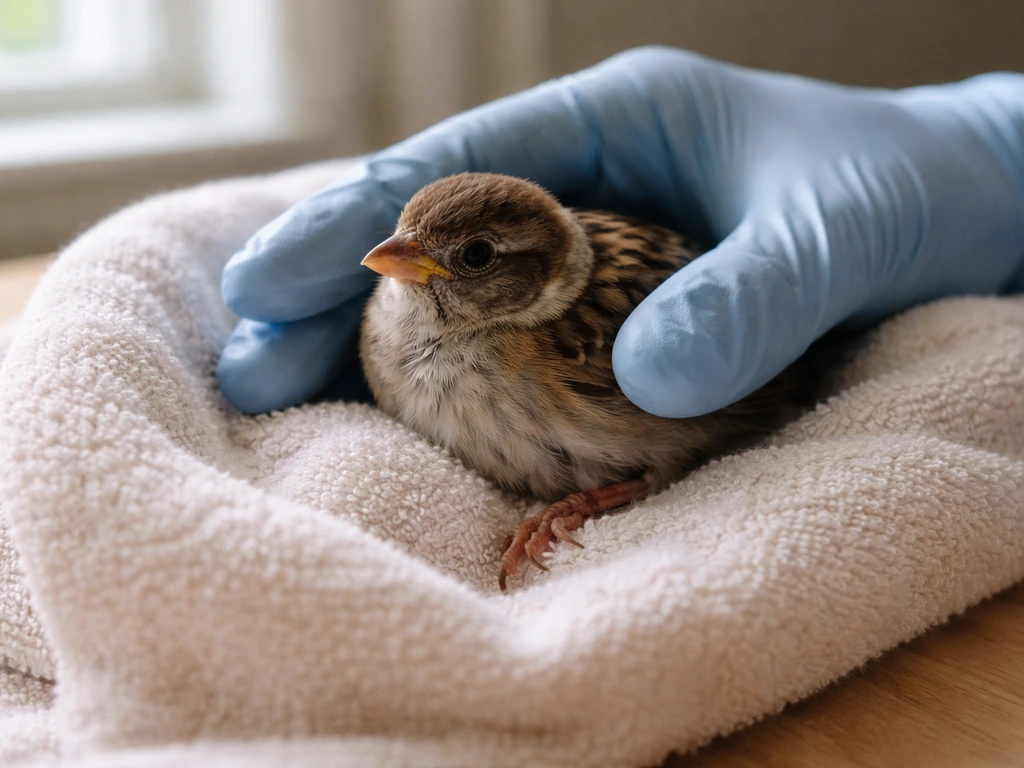 Gloved hands gently cradle a small injured bird on a towel, supported safely and minimally.