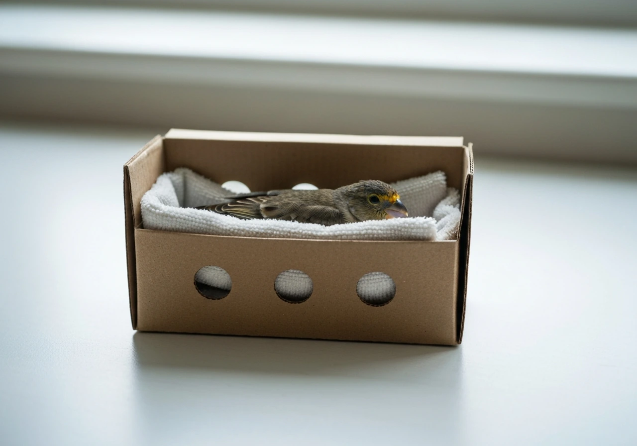 Small bird resting in a lined, ventilated cardboard box with soft padding for stabilization