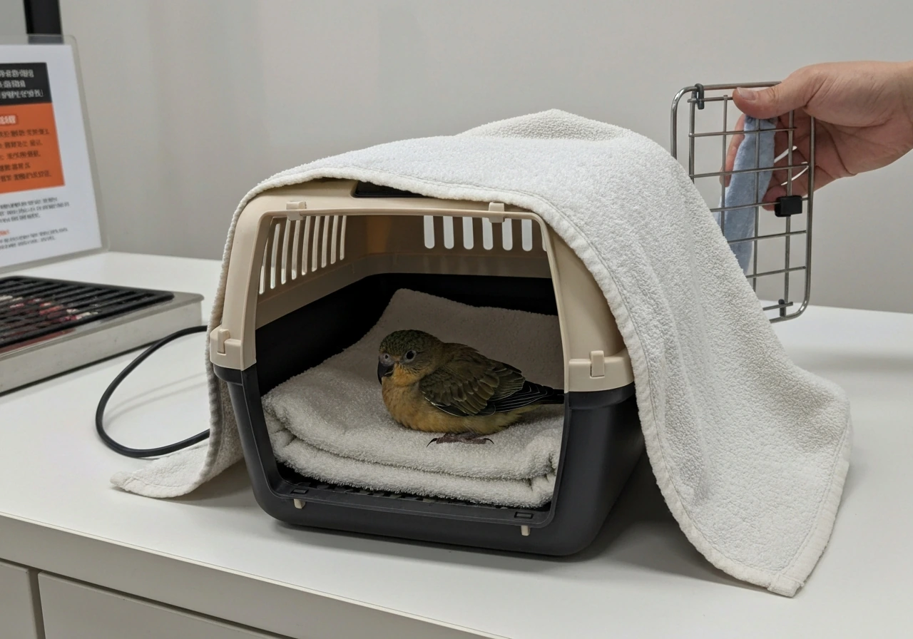 Small rescued bird resting in an insulated carrier, ready for transport to a vet or wildlife rescue.