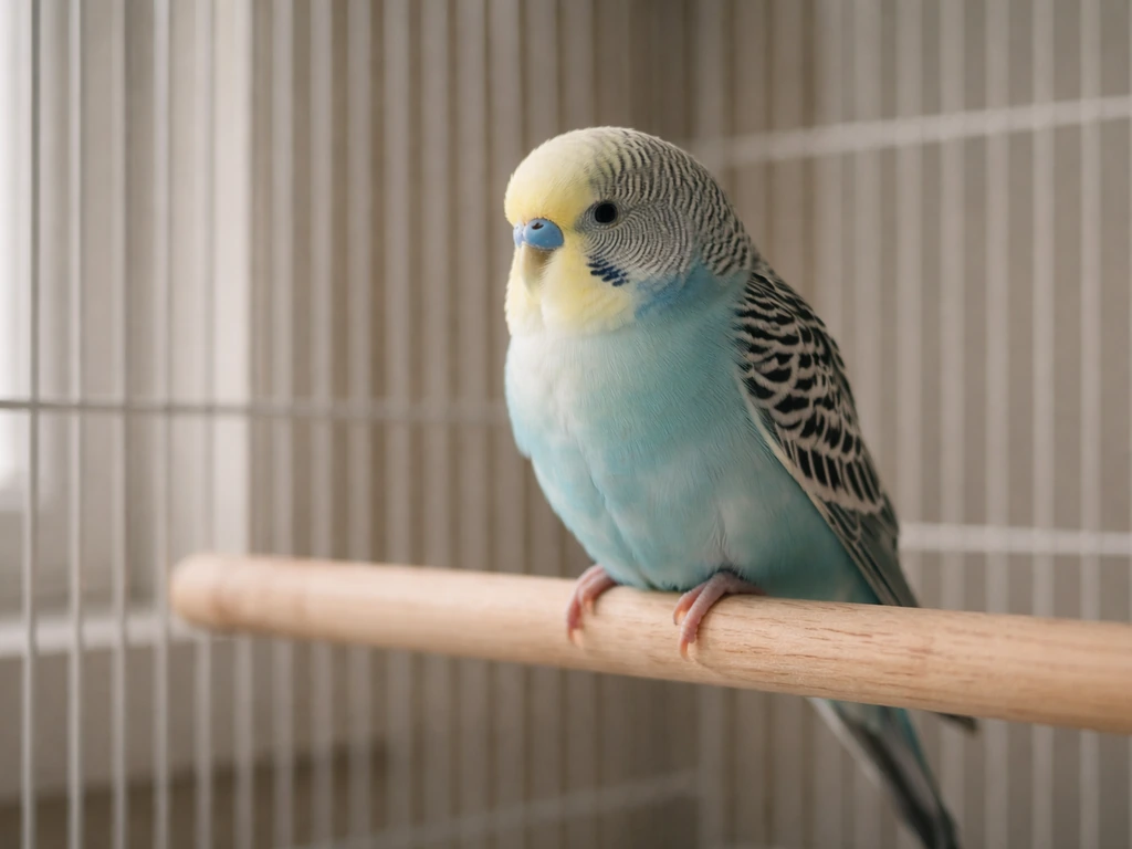 A quiet pet bird perched in a calm cage, alert posture suggesting it isn’t singing.