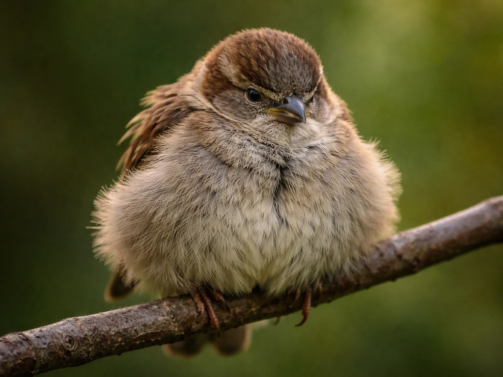 Small bird perched on a branch with fluffed feathers and hunched, still posture suggesting illness.