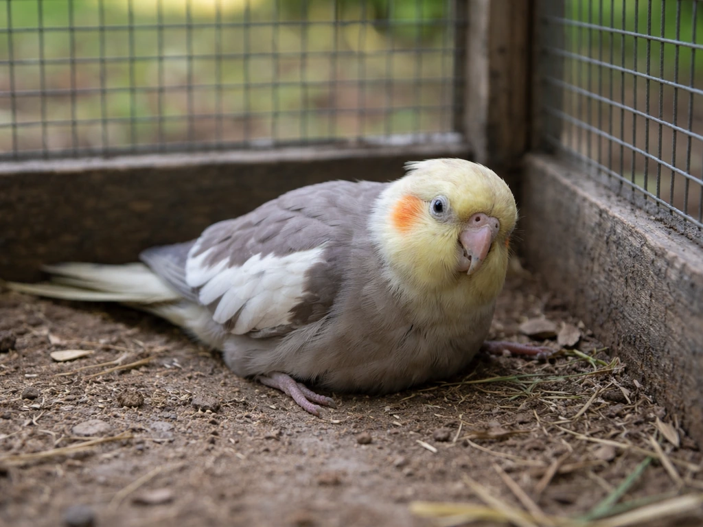 A small bird hunched low at the bottom of a cage, leaning to one side instead of perching.