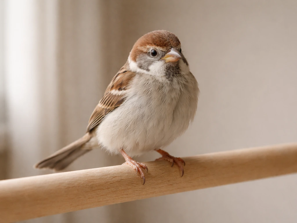 Close-up of a small pet bird perched still with subtle tail bobbing, showing calm but noticeable breathing.