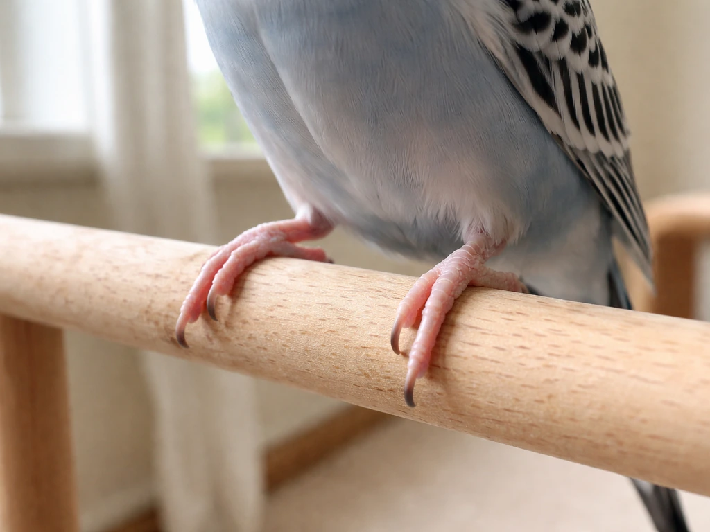 Close-up of a small bird’s cool-toned legs and feet gripping a perch, showing stance safely.