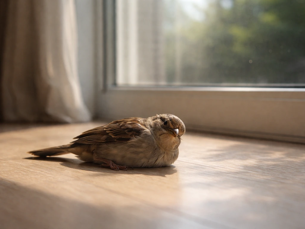 Dazed small bird on the floor near a sunlit window after a glass collision.
