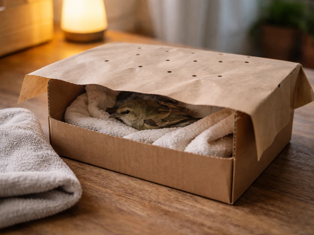 Injured bird safely contained in a ventilated cardboard box lined with cloth, warm and secure.