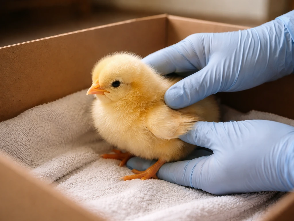 A gloved hand gently checks a found young chick inside a small warm-lined box.