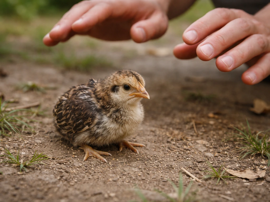 Person observing a found young chicken from a short distance in a quiet outdoor area.