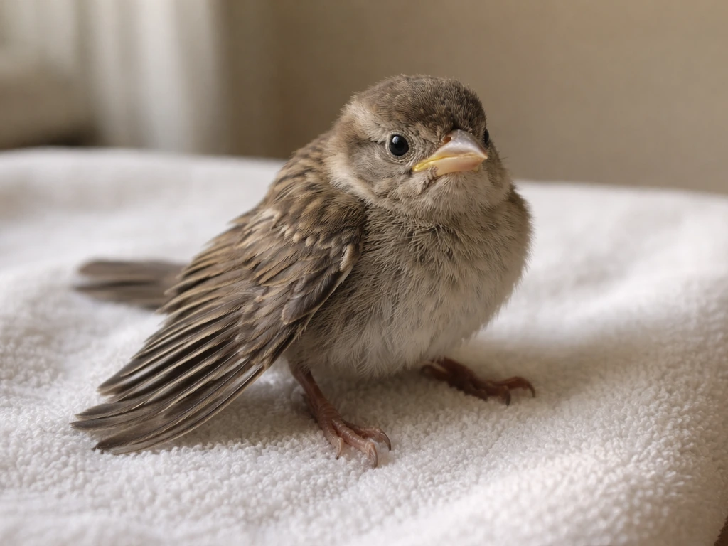Young bird with one wing drooping and held lower, struggling to fold it properly