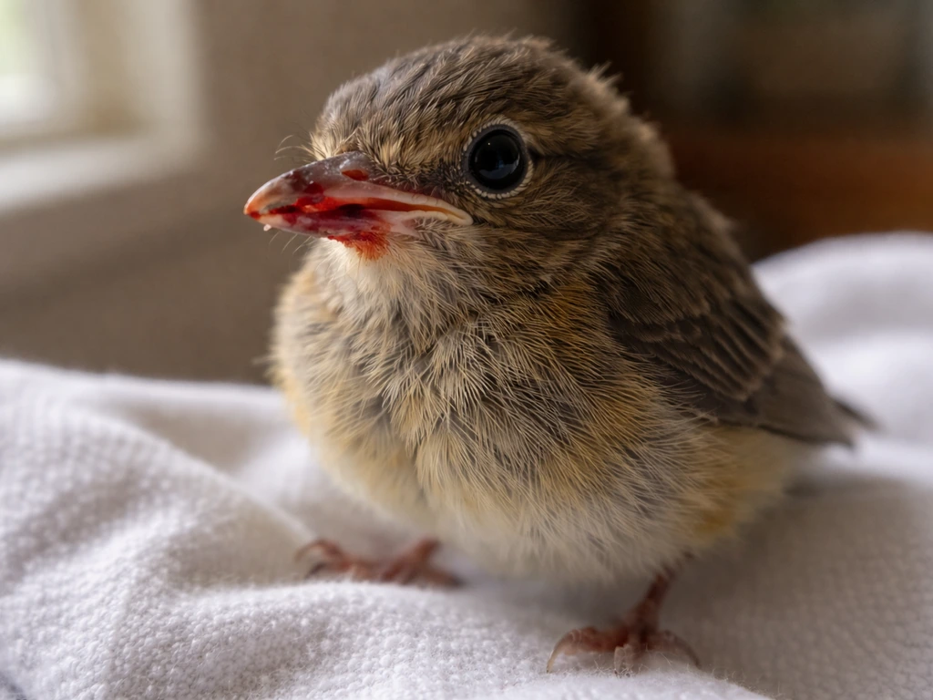 Close-up of a young bird with a cracked, chipped beak and slight blood near the beak area