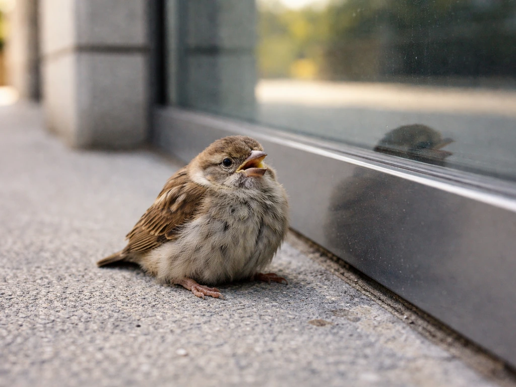 Young bird sitting dazed on the ground beside a reflective window after a collision.