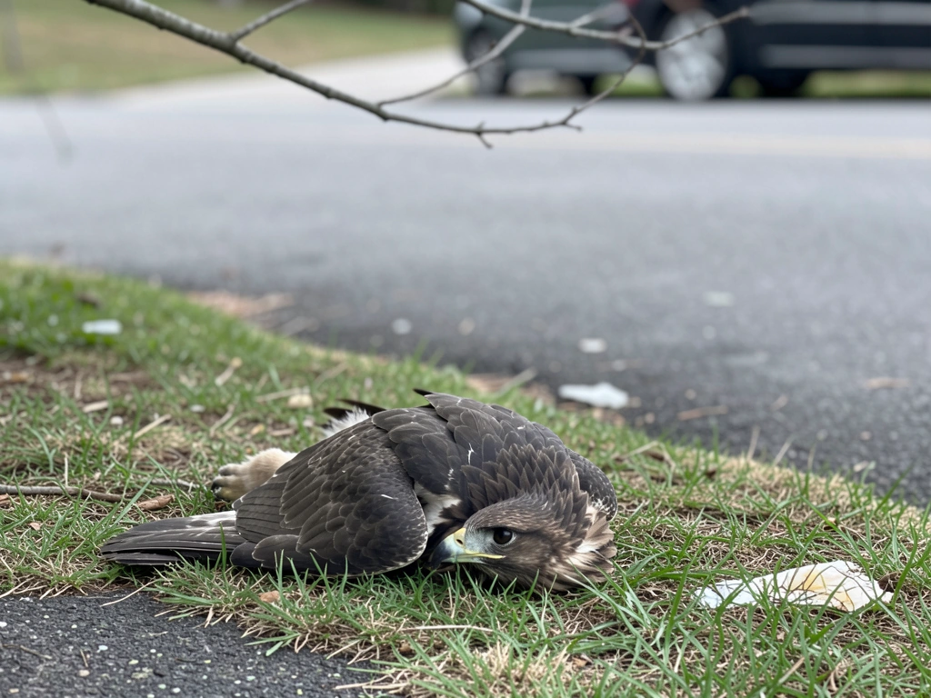 Raptor on the ground with odd wing posture viewed from a safe distance