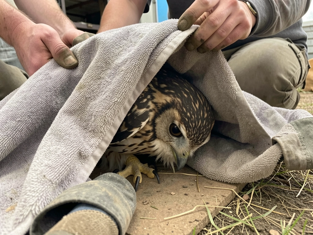 Towel toss over a grounded raptor during safe capture