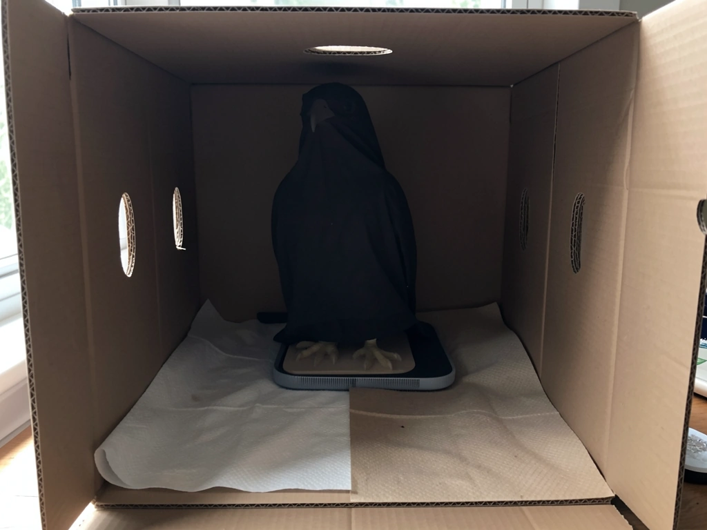 Ventilated box lined with towels with low heat under half