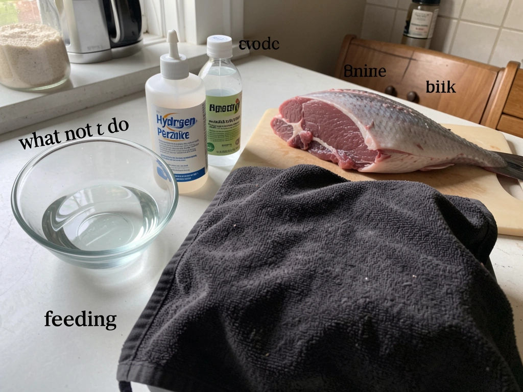 Unsafe first-aid items and feeding tools shown next to a proper transport box