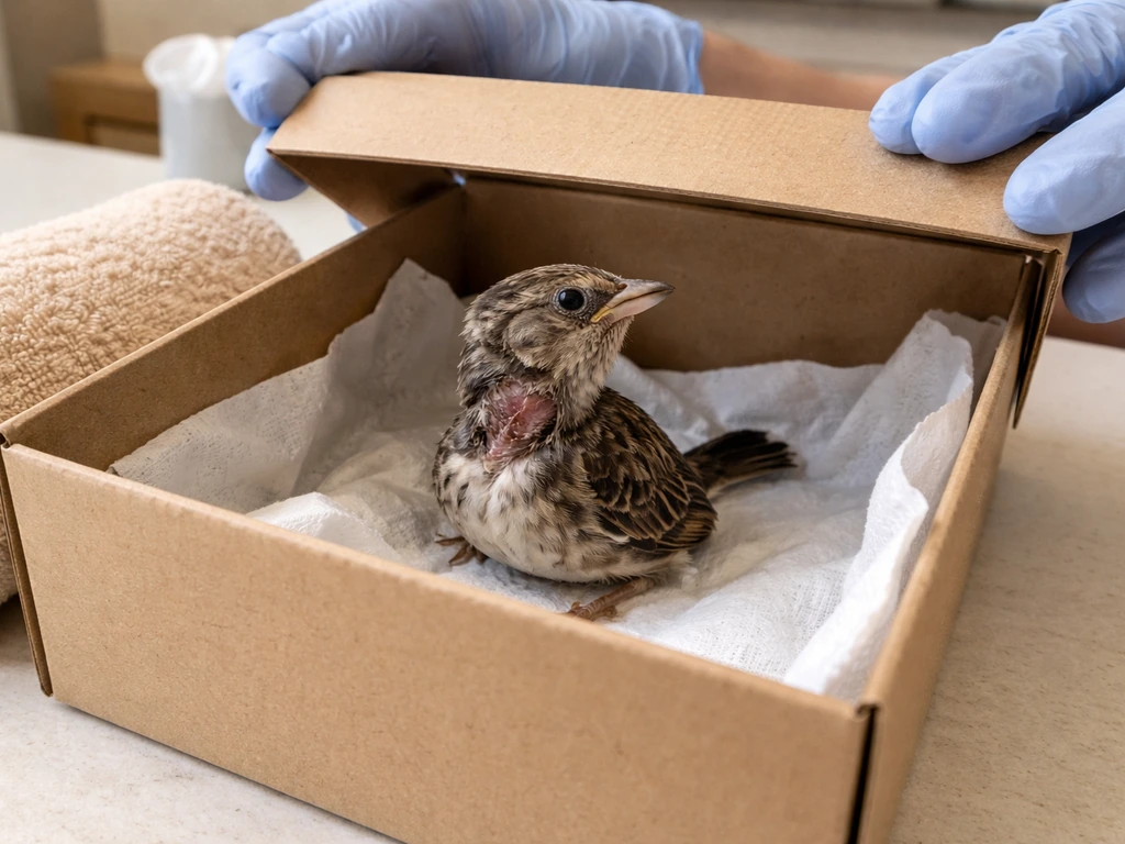 Small wild bird with a suspicious neck injury safely contained in a box beside a warm towel