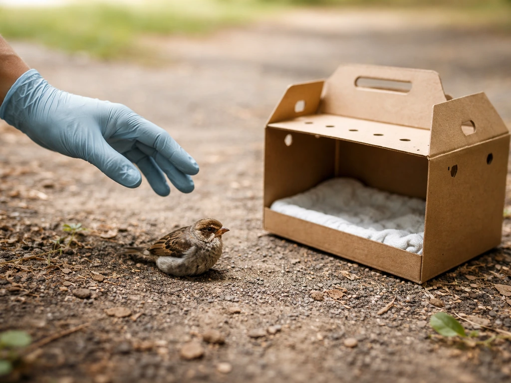 Gloved hand preparing to approach a small injured wild bird with a cardboard carrier nearby.