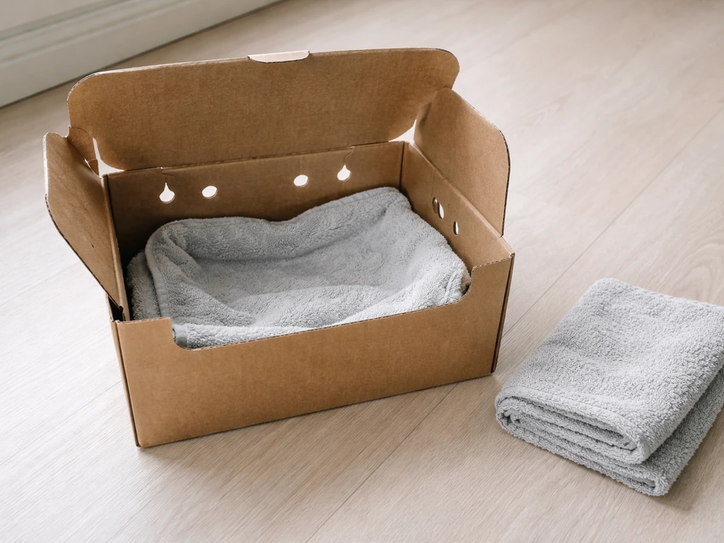 Small ventilated pet carrier lined with a towel, set up as a safe containment for an injured bird