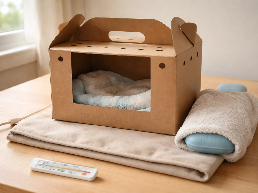 Indoor warming setup: a box on a heating pad with wrapped warm bottle and a visible thermometer nearby.