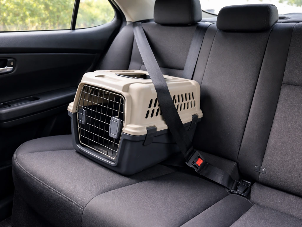 Pet carrier firmly strapped into a back seat for safe, stable transport in a car.