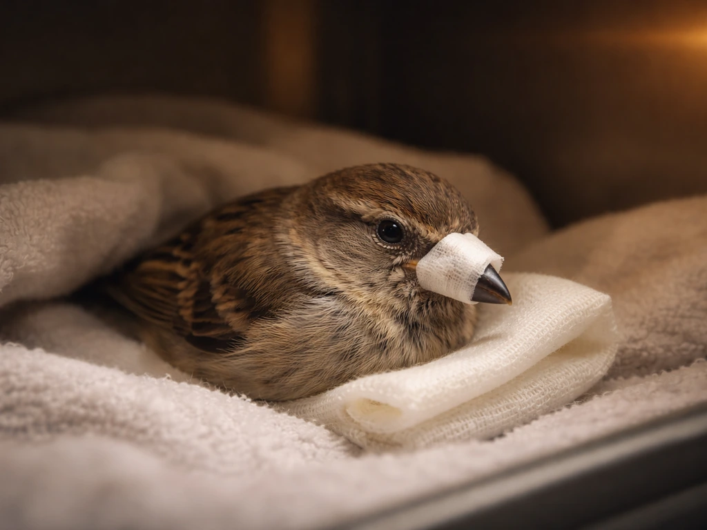 Small bird in a warm recovery box with a gentle bandage on its broken beak