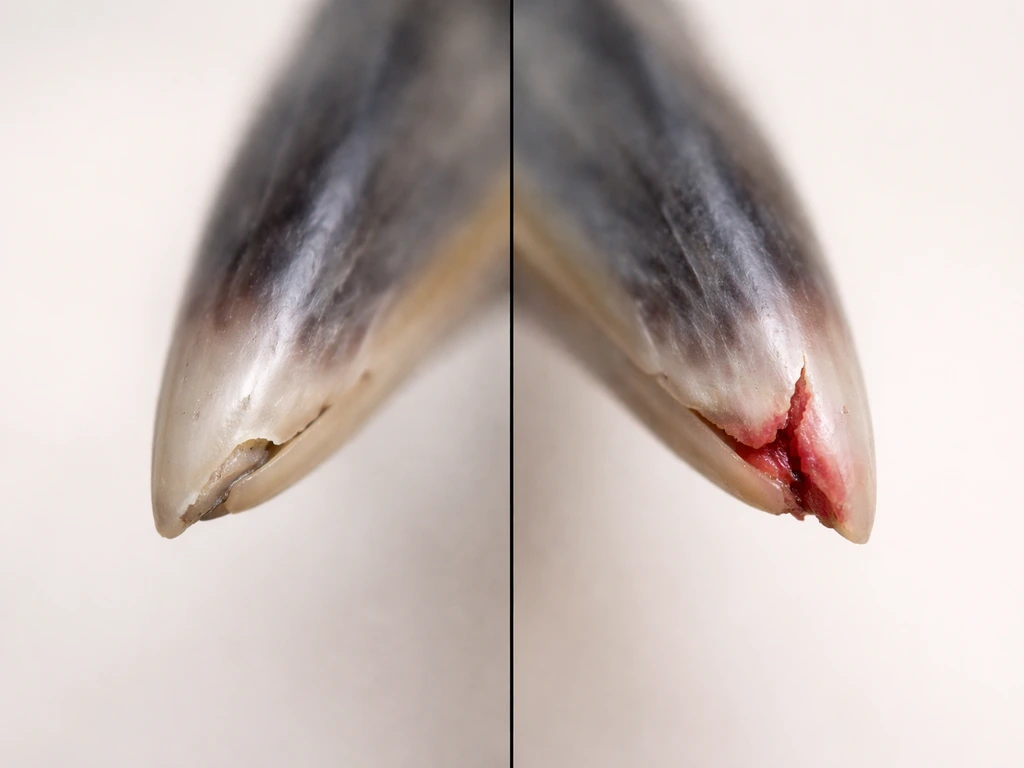 Close-up of a bird beak with two simple severity examples: minor chip and deeper crack