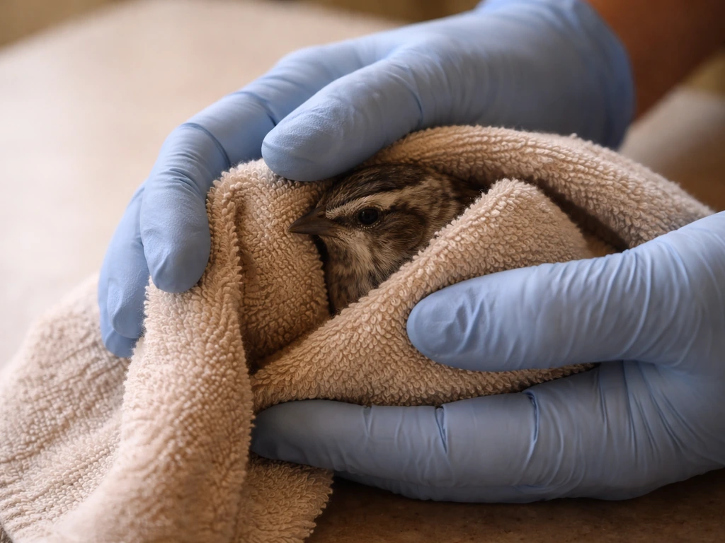 Gloved hands gently holding a small bird wrapped in a soft towel, focused on warmth and bleeding care.